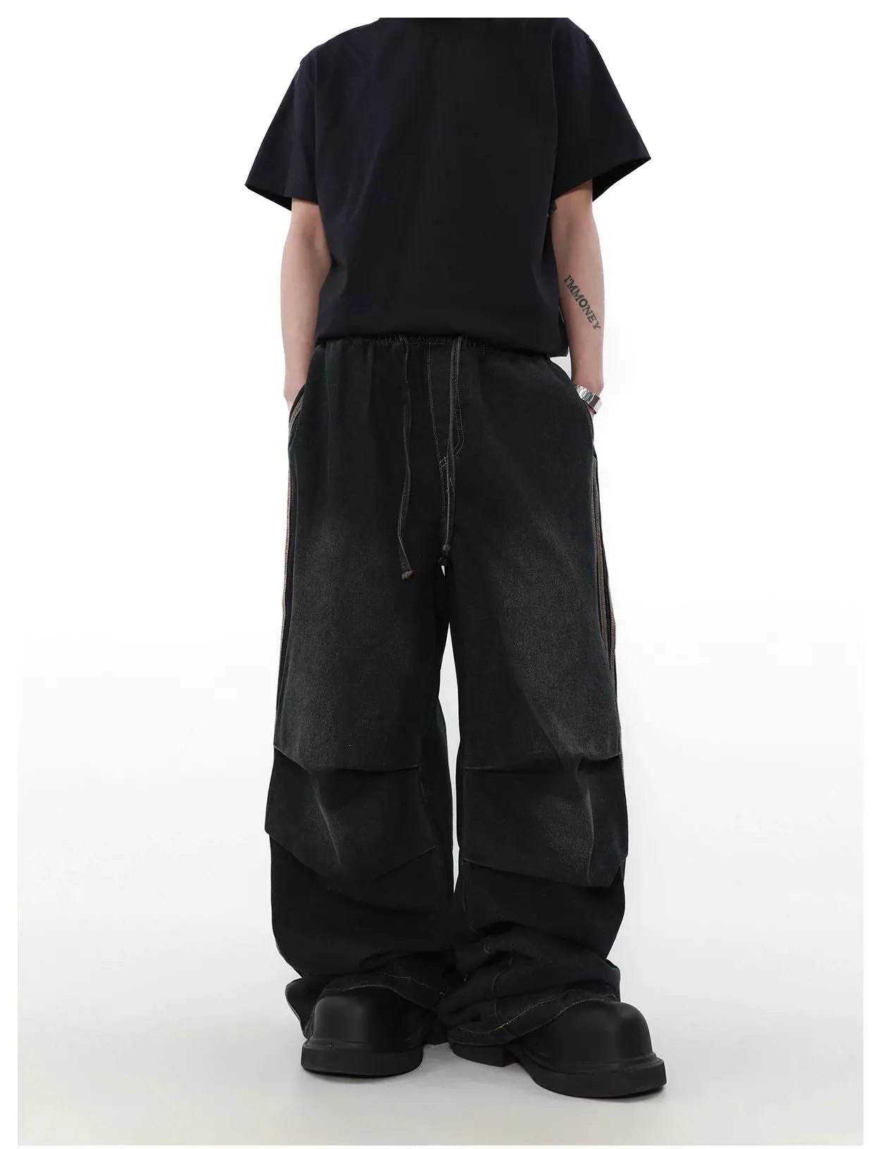 Elastic Washed Pleated Stripes Jeans