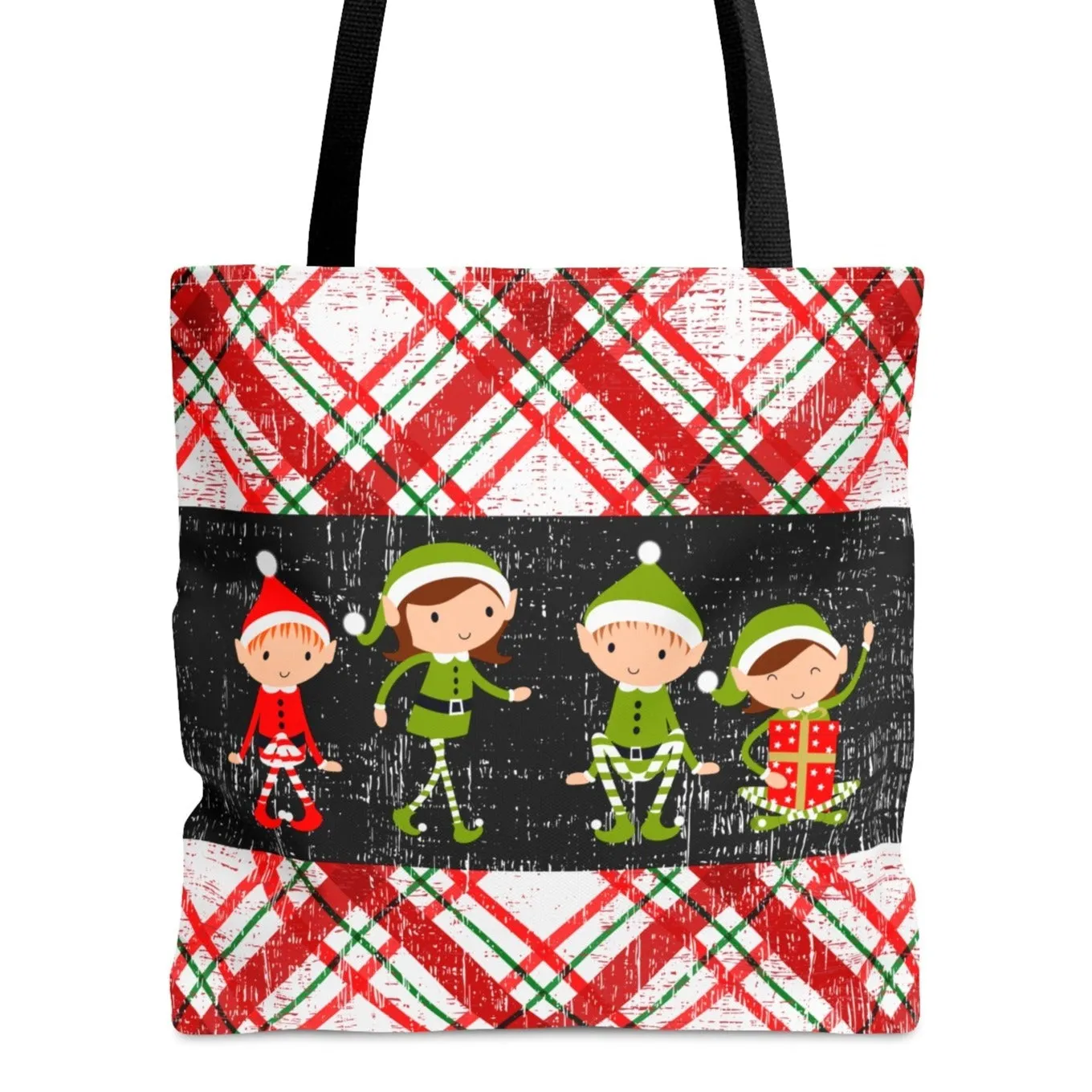 Festive Four Elves on Plaid Large Tote Bag: Holiday Shopping and Carrying Accessory