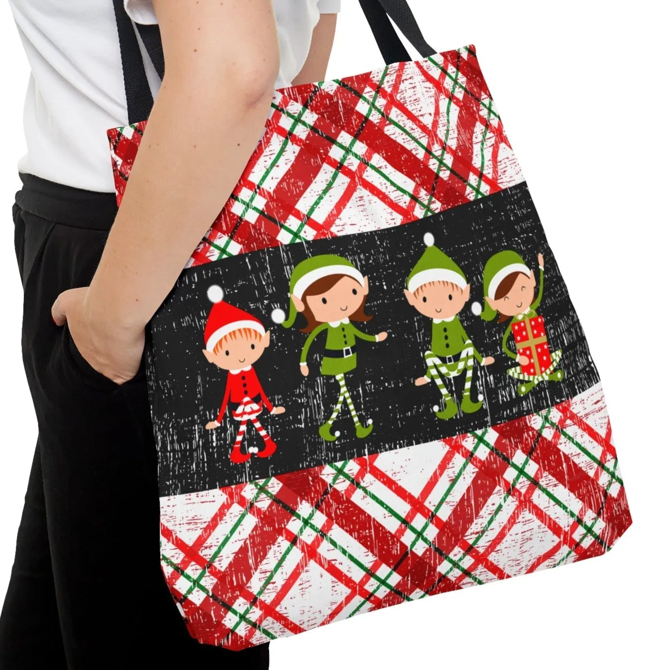 Festive Four Elves on Plaid Large Tote Bag: Holiday Shopping and Carrying Accessory