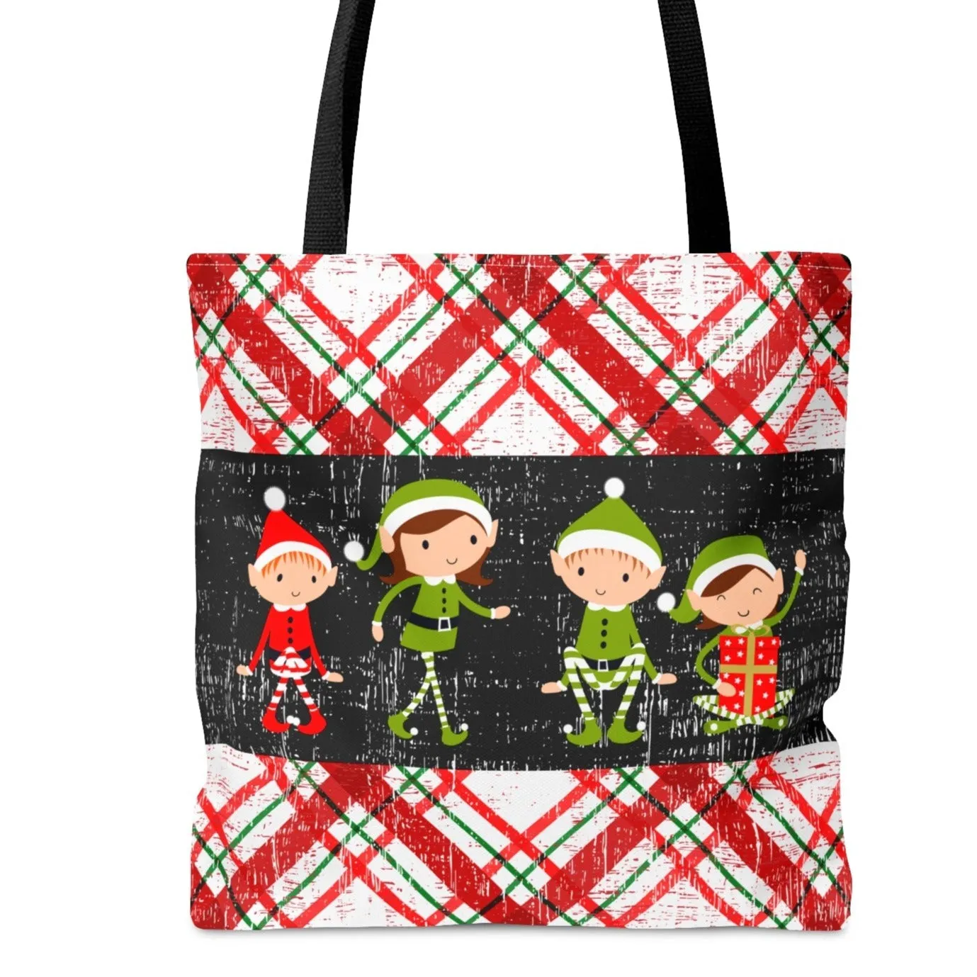 Festive Four Elves on Plaid Large Tote Bag: Holiday Shopping and Carrying Accessory