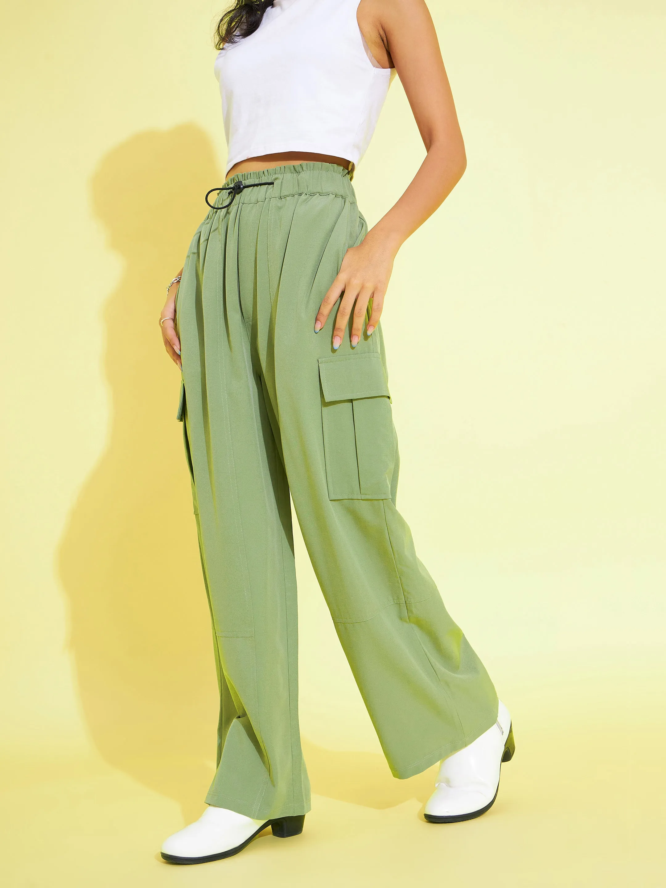 Girls Olive Side Pockets Parachute Cargos - Lyush Kids