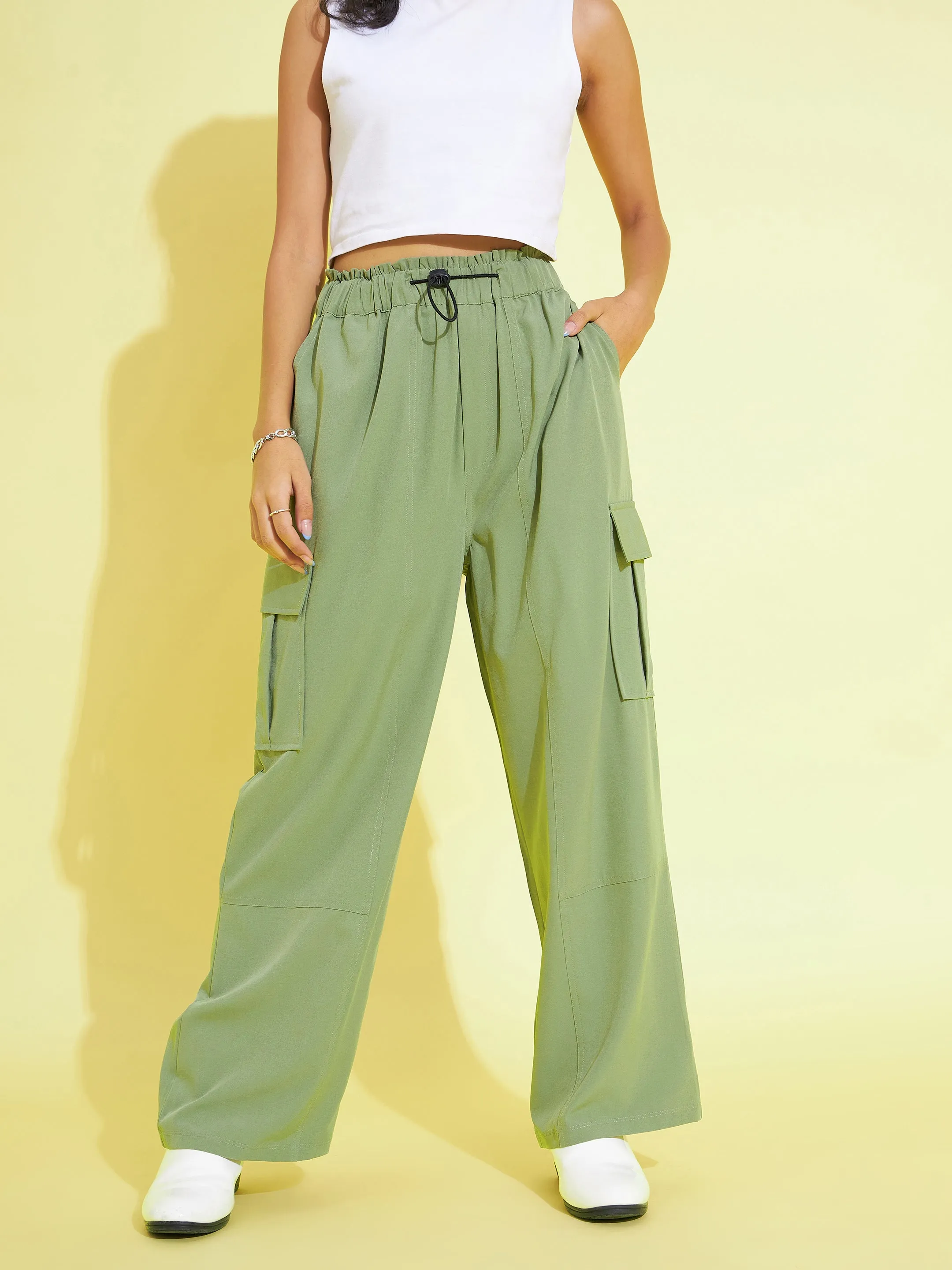 Girls Olive Side Pockets Parachute Cargos - Lyush Kids