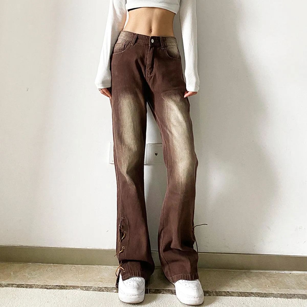 Retro Washed Brown Low Waist Jeans
