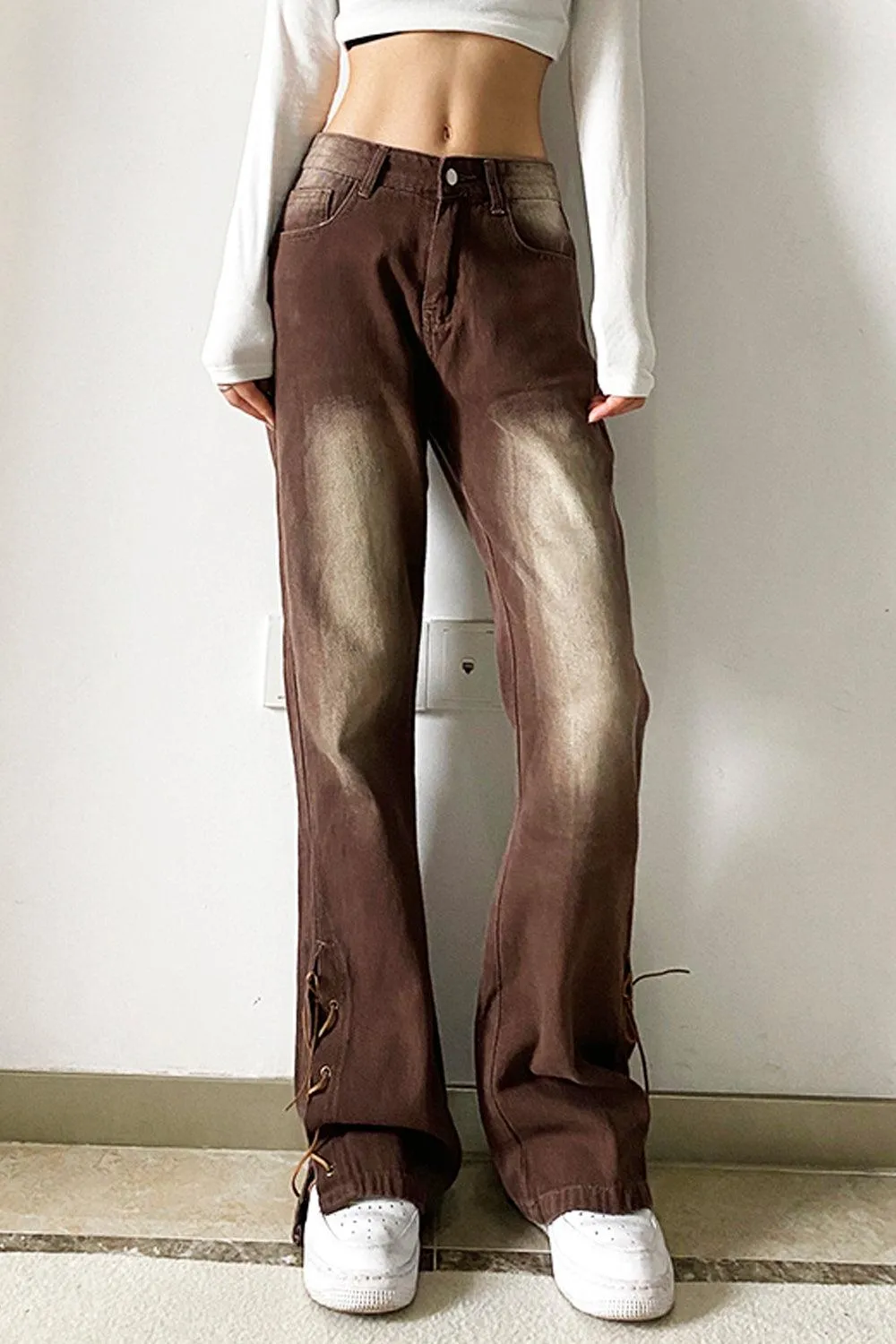 Retro Washed Brown Low Waist Jeans