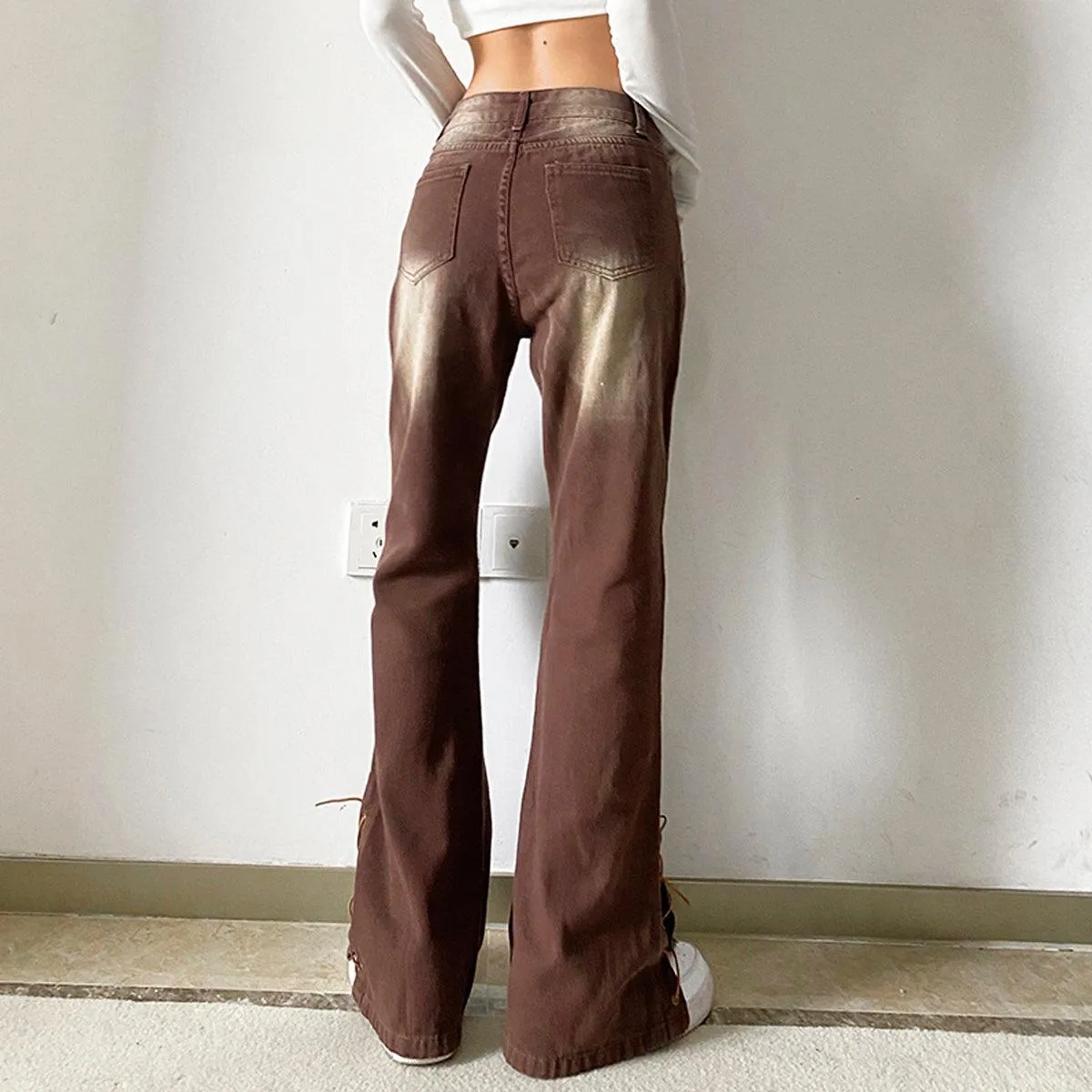 Retro Washed Brown Low Waist Jeans