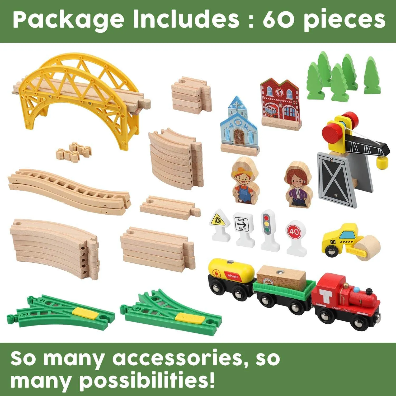 Wooden Track & Train Pack - 60 Pcs